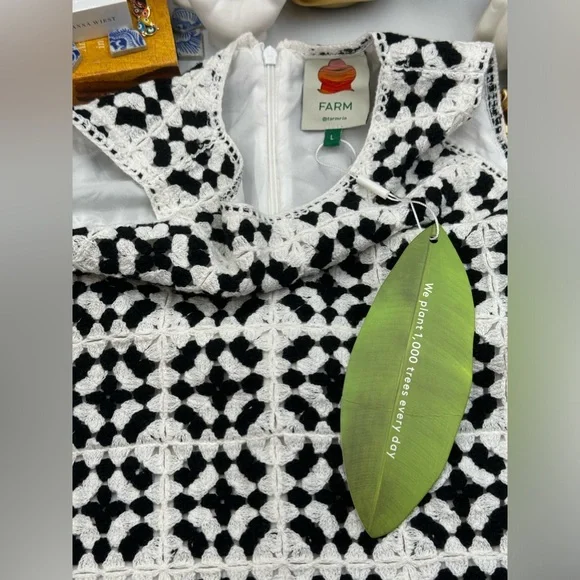 🆕 FARM Rio 🧿 NWT Patch Crochet Black & White Monochrome Mini Dress - Size L - Picture 11 of 16
